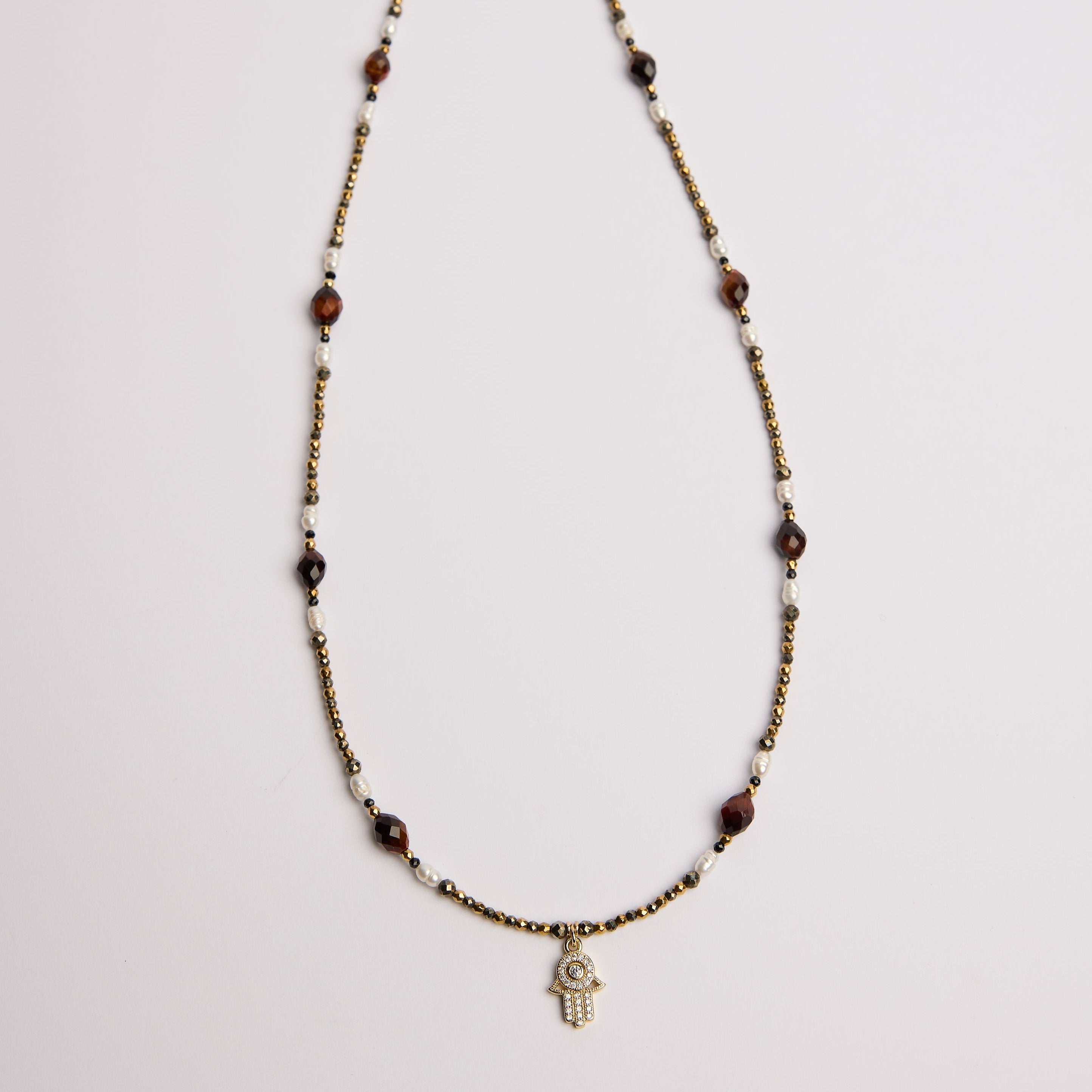 Collar de pirita con perlas de arroz y ojo de tigre