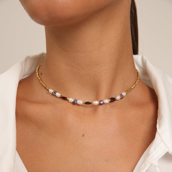 Collier ras du cou en hématite avec perle, pyrite et grenat