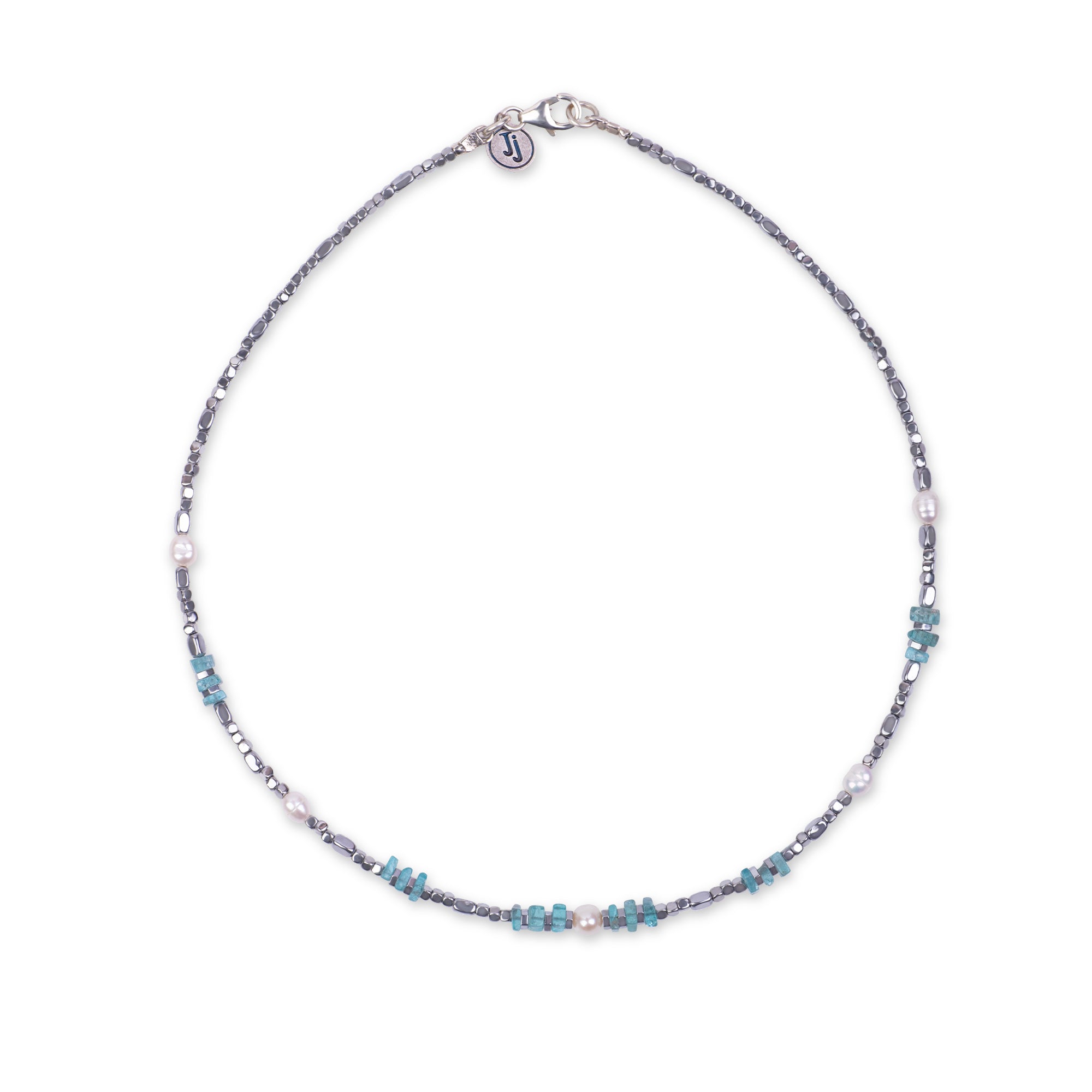 Gargantilla de hematita con perla y apatita azul