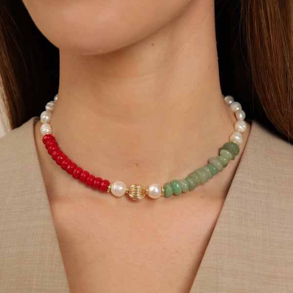 Collier en aventurine, jade et perles