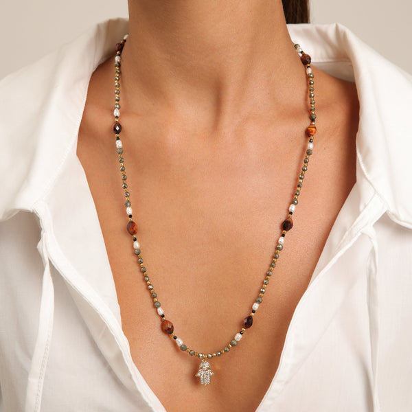 Collier en pyrite avec perles de riz et œil de tigre
